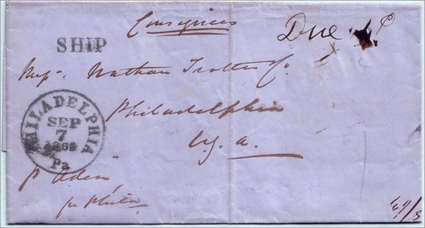 Philadelphia straight line SHIP letter mark used in 1863