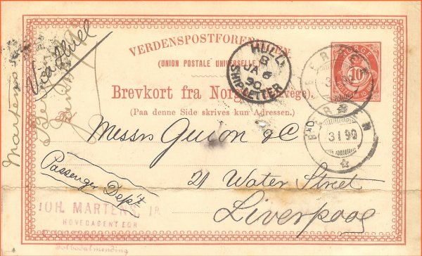 Hull Ship Letter cancel on postal card from Bergen