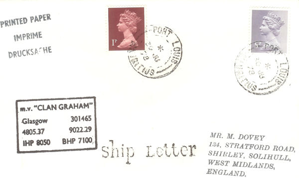 Mauritius Ship letter mark in use 1978