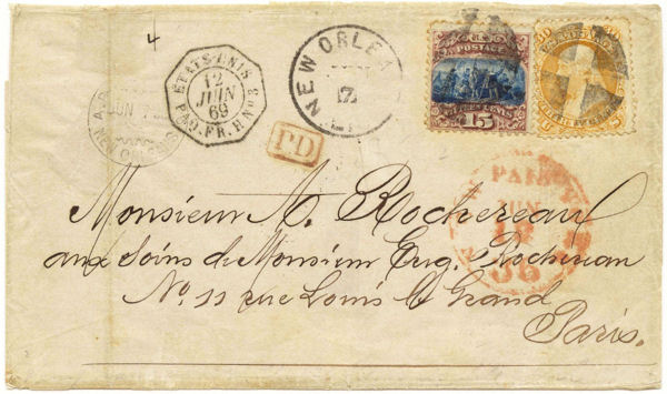 Ligne H mark on letter from New Orleans to Paris via New York 1869