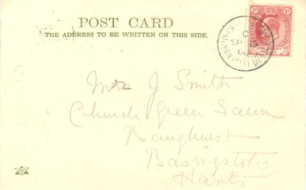 Address side of picture postcard cancelled CAPE COLONY OCEAN POST OFFICE type 2 