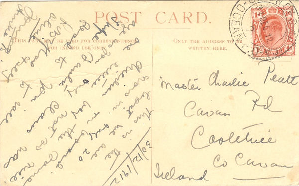 Address side of picture postcard cancelled UNION OF S AFRICA OCEAN P. O. type 5 