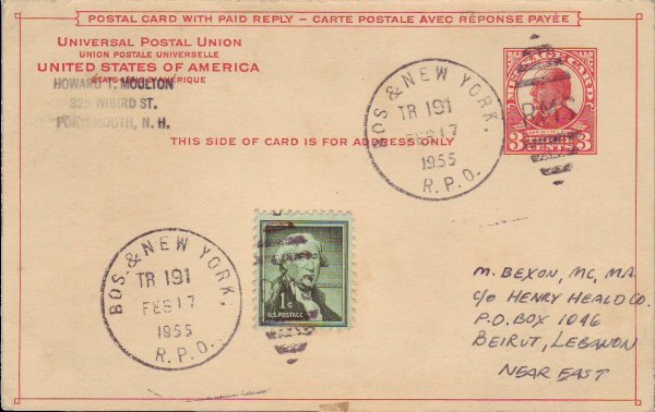Boston & New York RPO cancel on a postal card