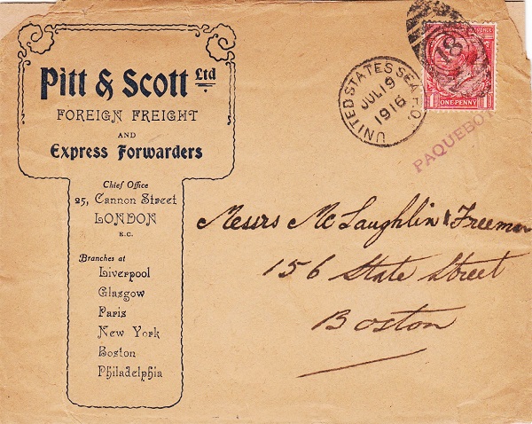 Franked 1d, cancelled by 'UNITED STATES SEA P.O. / 18' dated JUL 19 1916 and 'PAQUEBOT'